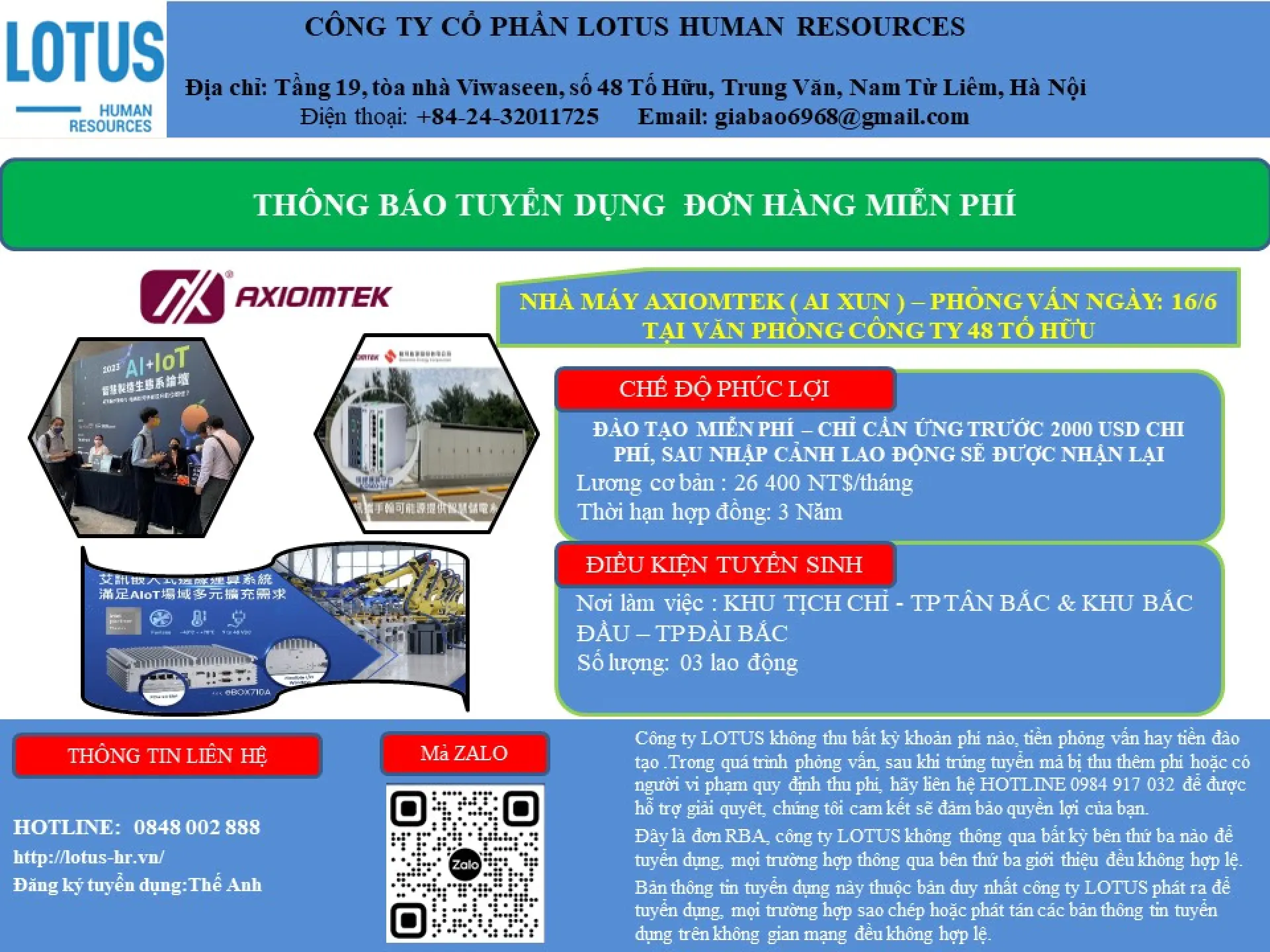 Thông báo tuyển dụng lao động Đài Loan