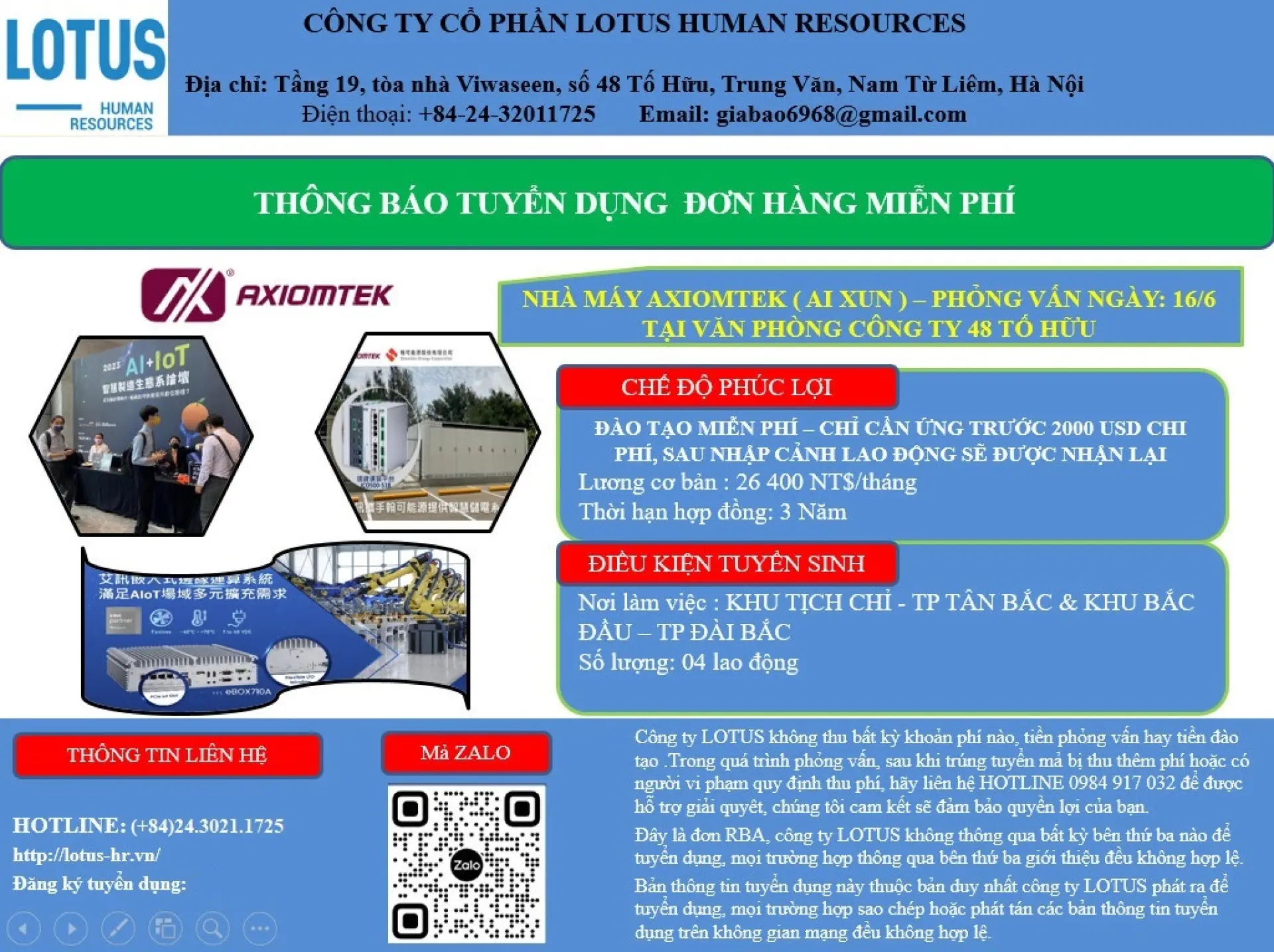 Thông báo tuyển dụng lao động tại Đài Loan