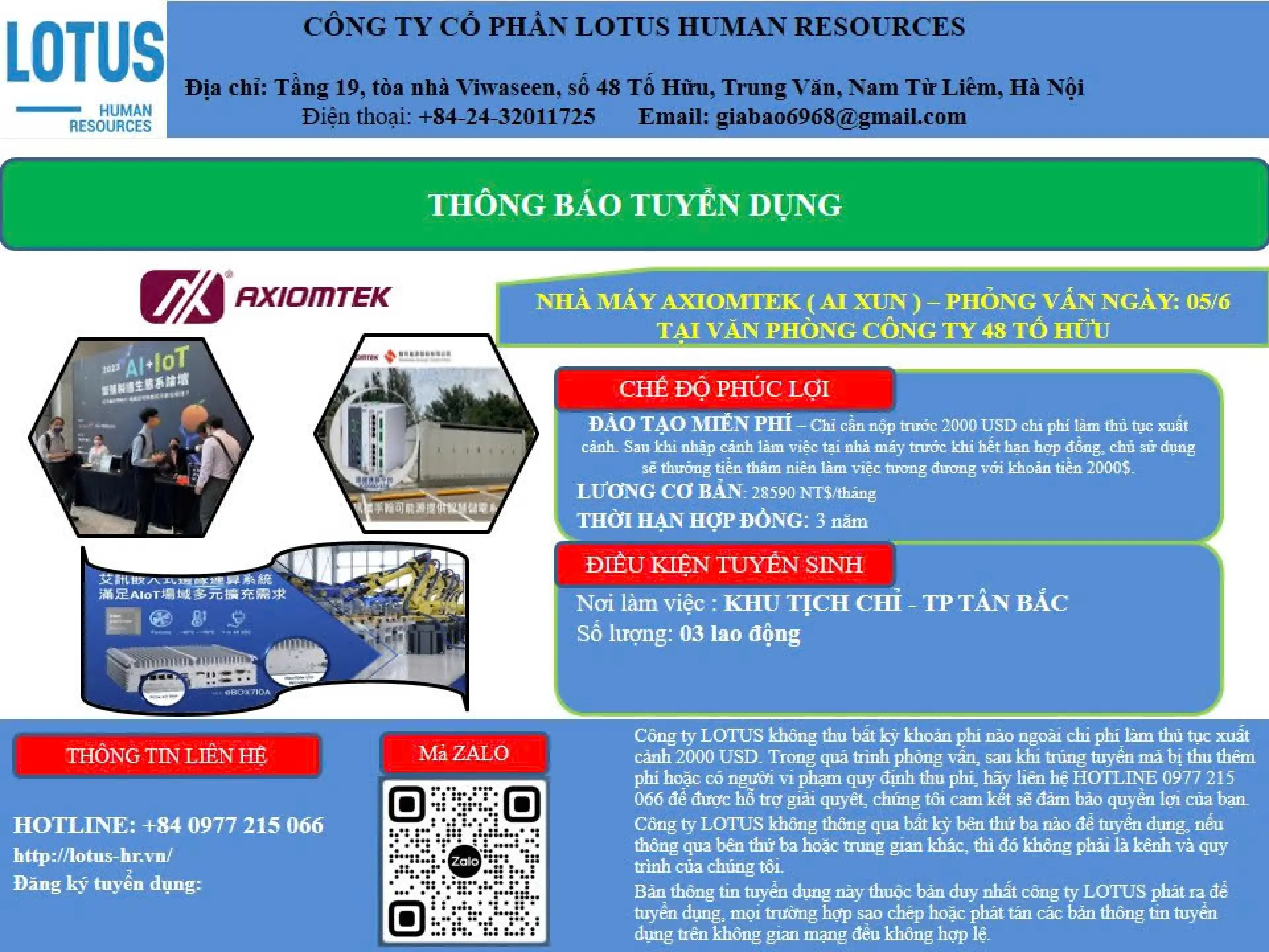 THÔNG BÁO TUYỂN SINH NHÀ MÁY AXIOMTEK (AI XUN)
