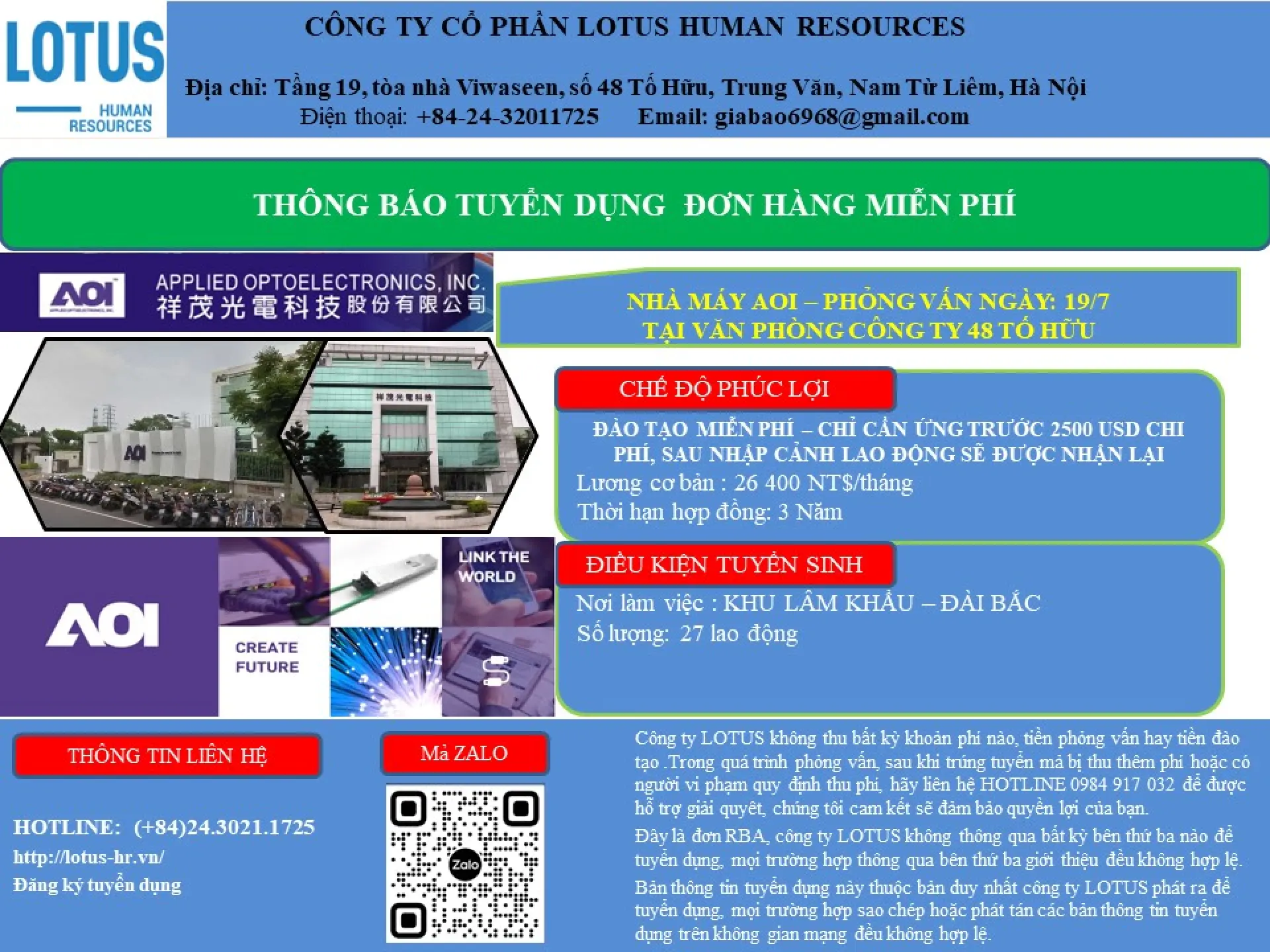 Thông báo tuyển dụng lao động tại Đài Loan