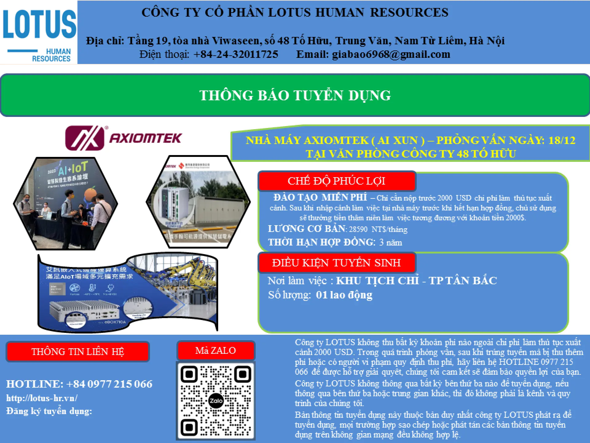THÔNG BÁO TUYỂN DỤNG LAO ĐỘNG ĐÀI LOAN