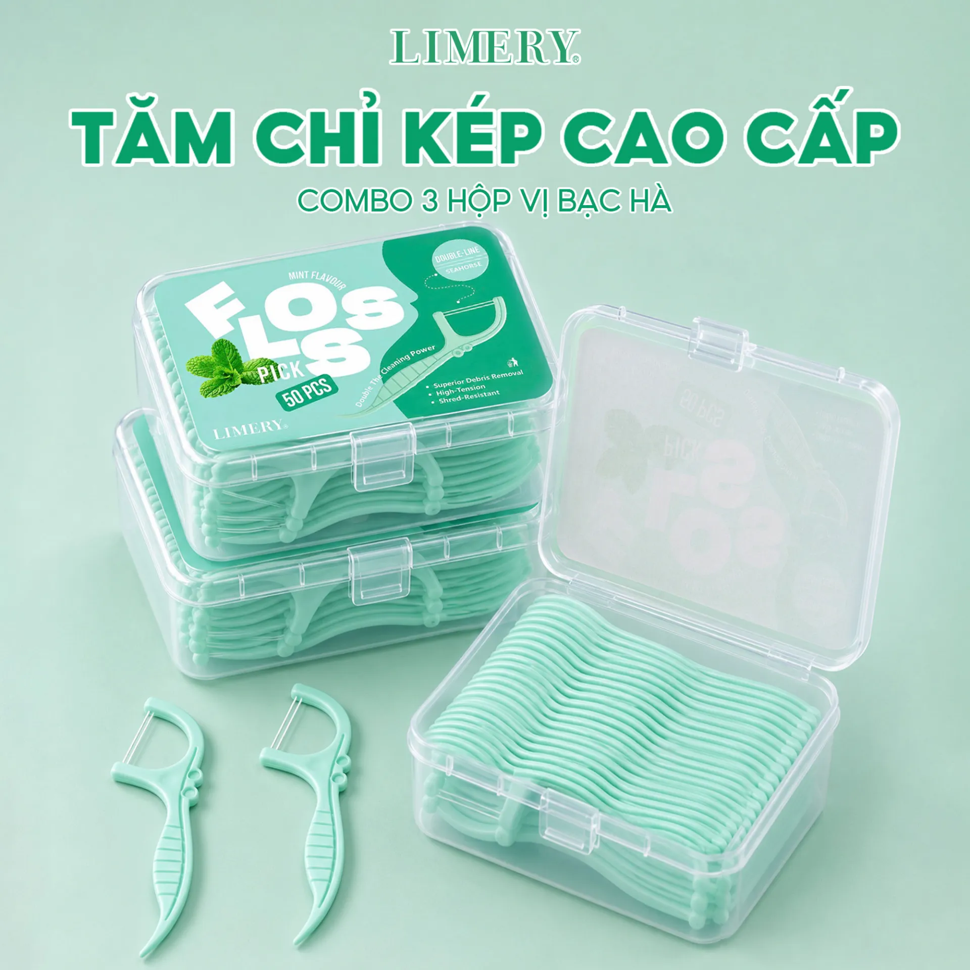 Tăm chỉ kép cao cấp combo 3 hộp vị bạc hà
