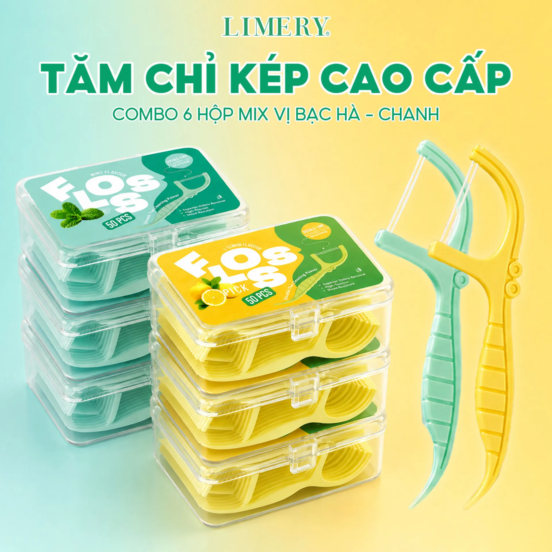 Tăm chỉ kép cao cấp combo 6 hộp mix vị bạc hà - chanh