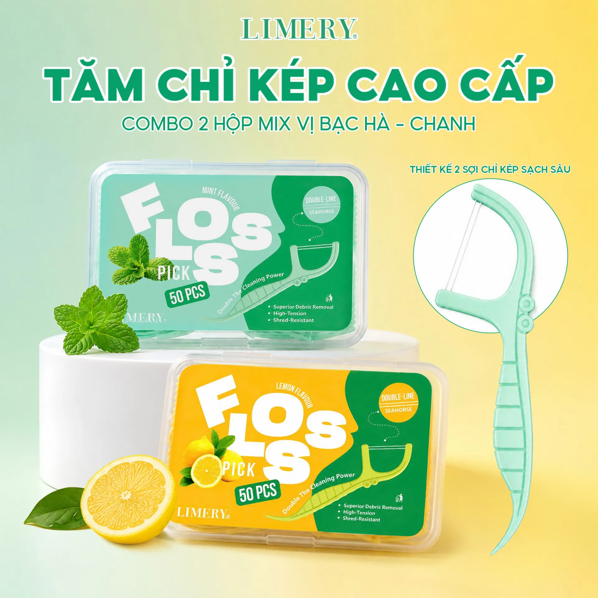 Tăm chỉ kép cao cấp combo 2 hộp mix vị bạc hà - chanh
