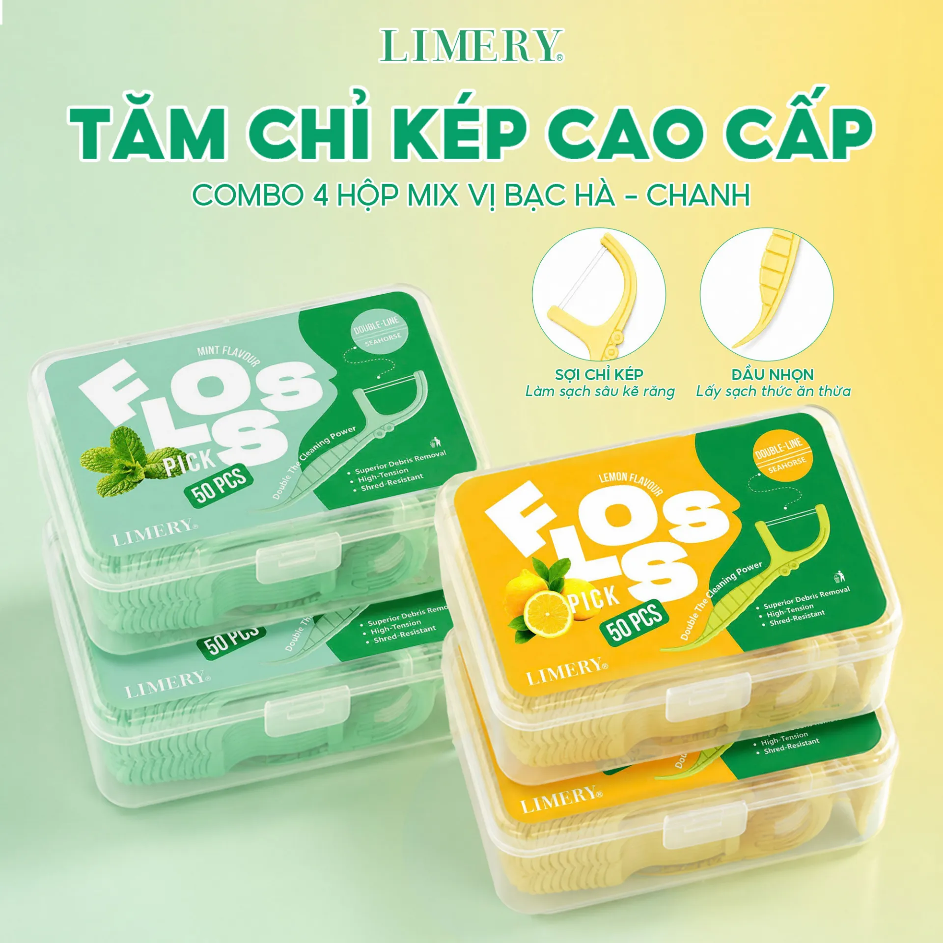Tăm chỉ kép cao cấp combo 4 hộp mix vị bạc hà - chanh