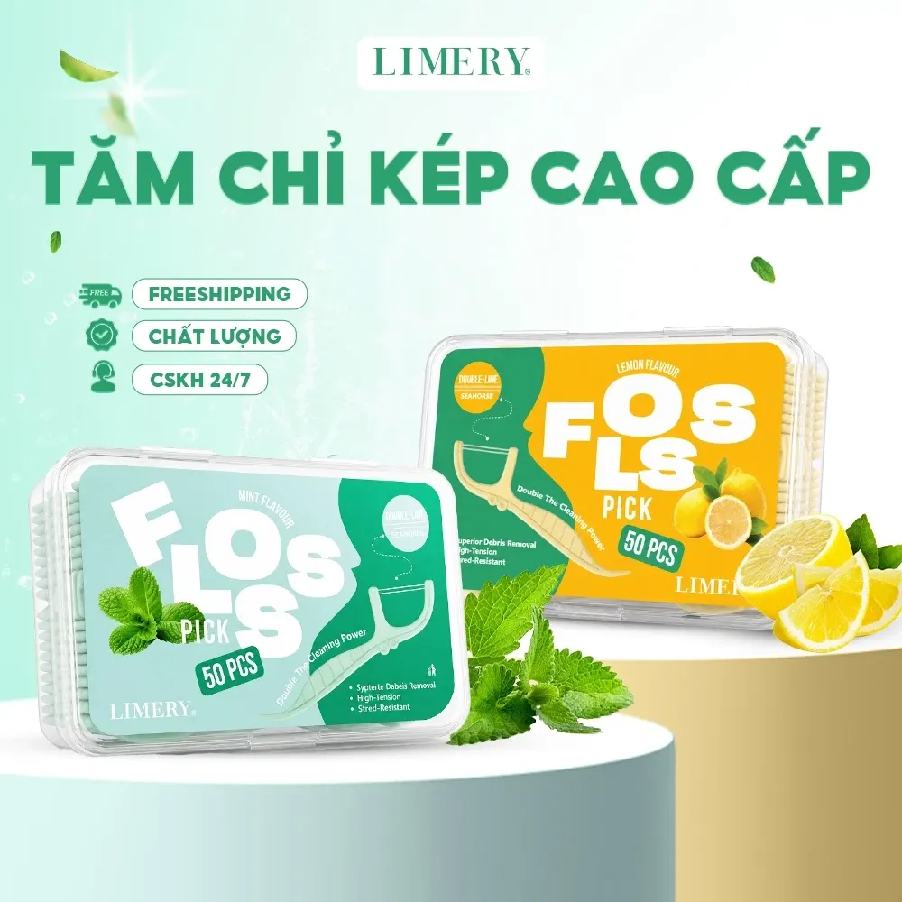Tăm chỉ kép Limery 2 sợi, 50 chiếc/hộp, vệ sinh kẽ răng, không chất huỳnh quang, bảo vệ nướu, tăm xỉa răng