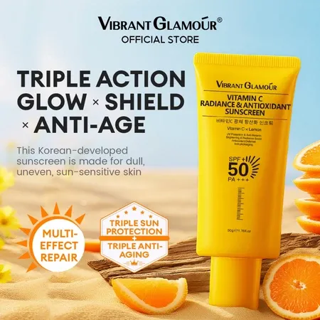 VIBRANT GLAMOUR - Kem chống nắng Vitamin C SPF50+ PA+++. Dưỡng sáng da & Chống oxy hóa & Ngừa lão hóa do ánh nắng 50g