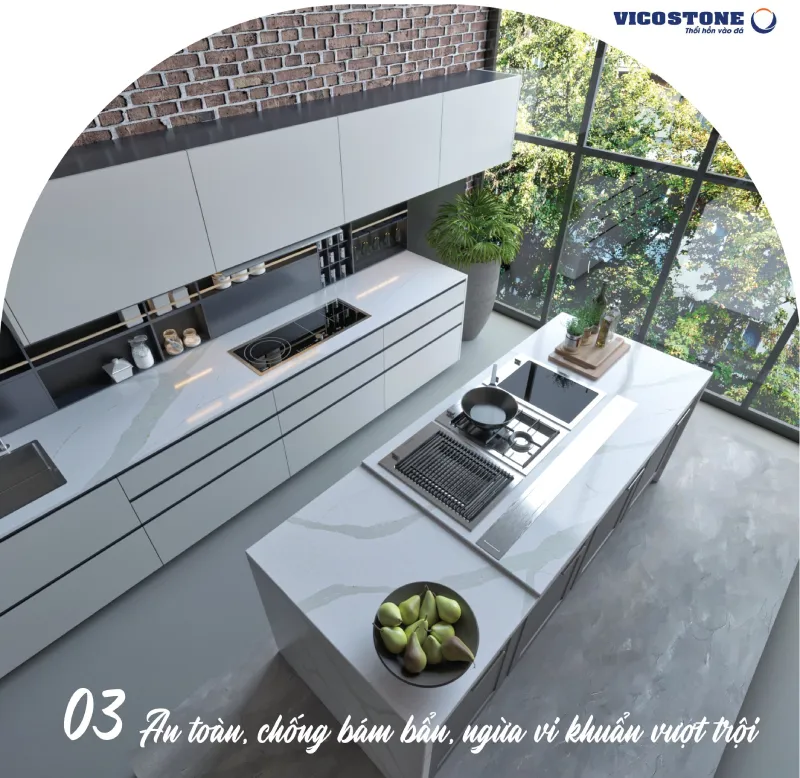 Nên chọn đá bàn bếp có khả năng ngừa vi khuẩn như đá VICOSTONE để đảm bảo bề mặt luôn sạch sẽ, an toàn cho người dùng