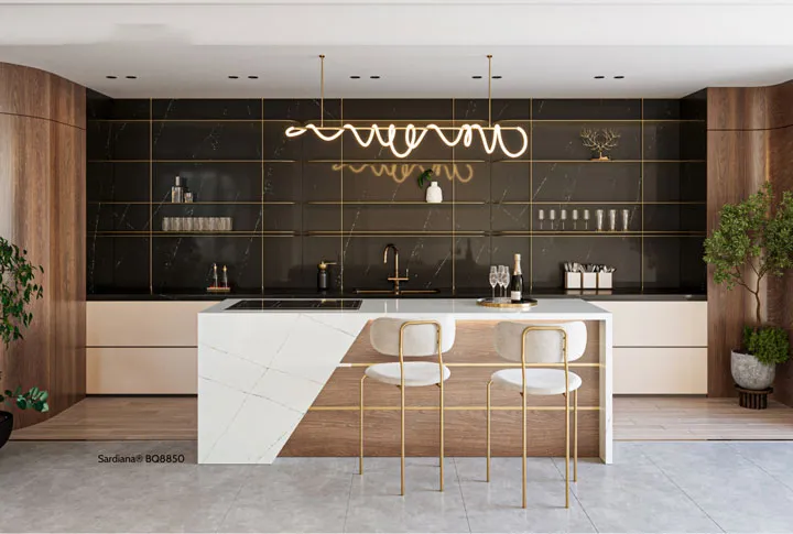 Đá nhân tạo Vicostone ốp quầy bar giúp tái tạo năng lượng và mang đến cảm xúc tích cực tràn đầy cho người thưởng thức đồ uống
