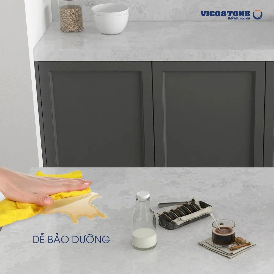 Chỉ cần một chiếc khăn ẩm, bạn đã có thể dễ dàng lau sạch mọi vết bẩn trên mặt đá VICOSTONE