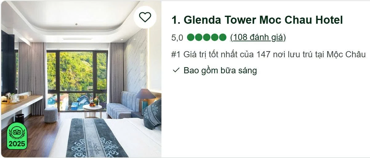 VOH tự hào khi tiếp tục đưa Khách Sạn Glenda Tower Mộc Châu nhận được vinh danh từ booking.com