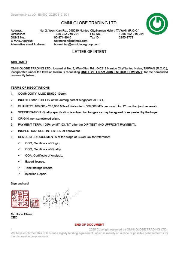 Purchase Order for Diesel EN590/10PPM